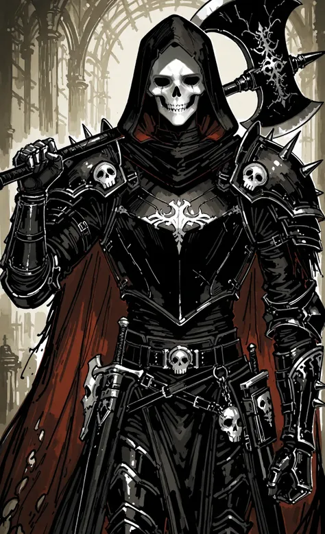 sketch, rough sketch:1.2), (limited palette:0.2), (film grain:0.4), monochrome, otonoha aika, hatching \(texture\), (takatora, gawako, kingjoshua:0.3), (kornod:0.8), on the background of a dark dungeon, 1other, ambiguous gender, armor, axe, belt, breastpla...