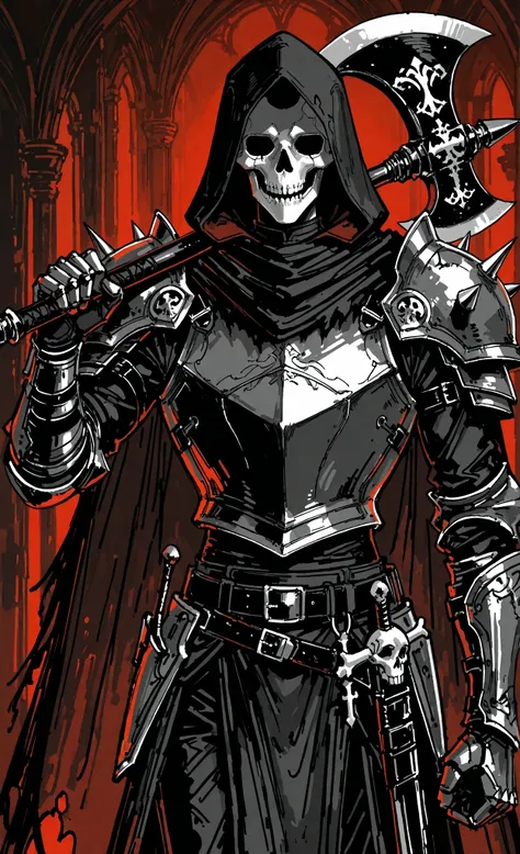 sketch, rough sketch:1.2), (limited palette:0.2), (film grain:0.4), monochrome, otonoha aika, hatching \(texture\), (takatora, gawako, kingjoshua:0.3), (kornod:0.8), on the background of a dark dungeon, 1other, ambiguous gender, armor, axe, belt, breastpla...