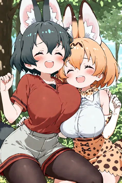 (2girls:1.5), (anime screencap:1.2), score_9, score_8_up, score_7_up, source_anime BREAK best quality, ((masterpiece)), highly detailed, ultra-detailed, (illustration), (beautiful detailed eyes) BREAK kaban chan (kemono friends), red shirt , light grey sho...