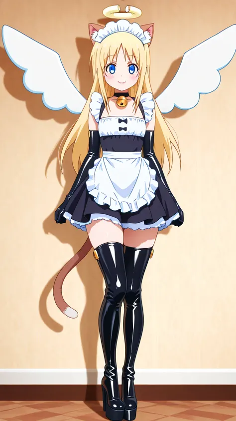 cat maid, latex maid uniform,  latex apron, cat ears, cat tail, maid, maid headdress, bell, waitress, blue eyes, blonde hair, long hair, angel, halo, wings, crimvael \(interspecies reviewers\),  otoko no ko, 1girl, solo, black high heels BOOTS, thigh-high ...