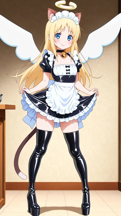 cat maid, latex maid uniform,  latex apron, cat ears, cat tail, maid, maid headdress, bell, waitress, blue eyes, blonde hair, long hair, angel, halo, wings, crimvael \(interspecies reviewers\),  otoko no ko, 1girl, solo, black high heels BOOTS, thigh-high ...