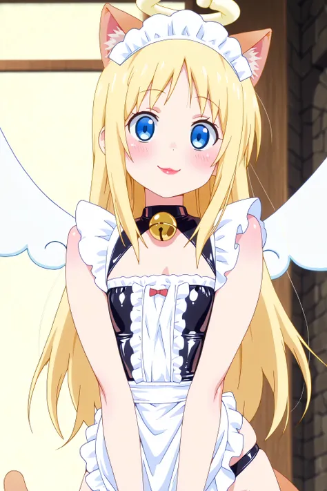 cat maid, latex maid uniform,  latex apron, cat ears, cat tail, maid, maid headdress, bell, waitress, blue eyes, blonde hair, long hair, angel, halo, wings, crimvael \(interspecies reviewers\),  otoko no ko, 1girl, solo, red lipstick, eyelashes, makeup,  g...