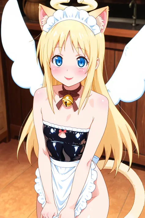 cat maid, latex maid uniform,  latex apron, cat ears, cat tail, maid, maid headdress, bell, waitress, blue eyes, blonde hair, long hair, angel, halo, wings, crimvael \(interspecies reviewers\),  otoko no ko, 1girl, solo, red lipstick, eyelashes, makeup,  g...