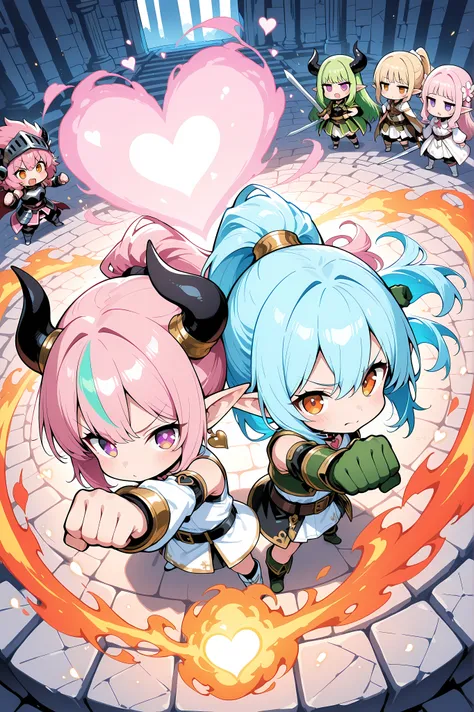 masterpiece, best quality, high resolution, highly detailed,
2girls, chibi, deformed, 
fighting together, combat scene, back to back, side by side, teamwork, party members,
girl1: purple eyes, two-tone hair, pink hair, light blue hair, twin tails, long hai...