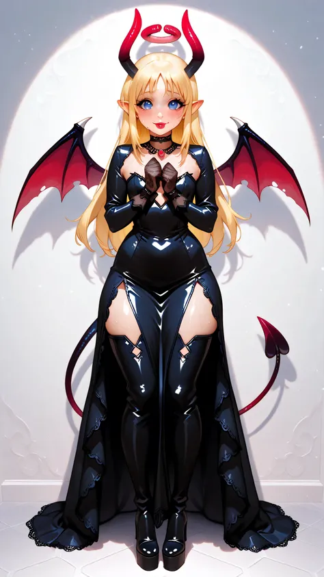 lace gloves, black latex long sleeves, long dress, lace trim, black latex wedding dress, wcsuccubus, black demon horns, black an red demon wings, pointy ears, demon girl,  demon tail, blue eyes, blonde hair, long hair, angel, halo, wings, crimvael \(inters...