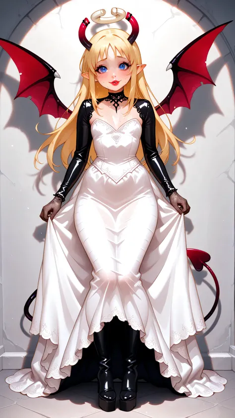 lace gloves, black latex long sleeves, long dress, lace trim, black latex wedding dress, wcsuccubus, black demon horns, black an red demon wings, pointy ears, demon girl,  demon tail, blue eyes, blonde hair, long hair, angel, halo, wings, crimvael \(inters...
