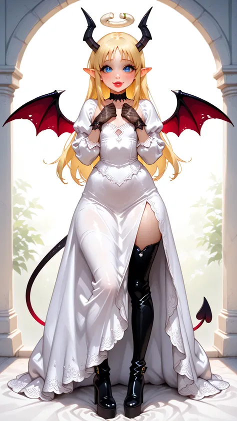 lace gloves, black latex long sleeves, long dress, lace trim, black latex wedding dress, wcsuccubus, black demon horns, black an red demon wings, pointy ears, demon girl,  demon tail, blue eyes, blonde hair, long hair, angel, halo, wings, crimvael \(inters...