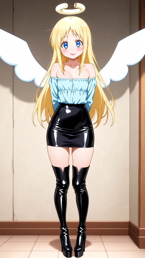skirt, shirt, long sleeves, black skirt, formal, suit, office lady, skirt suit, shirt, blue latex shirt, cleavage, collarbone, bare shoulders, skirt, balck latex skirt, blue eyes, blonde hair, long hair, angel, halo, wings, crimvael \(interspecies reviewer...