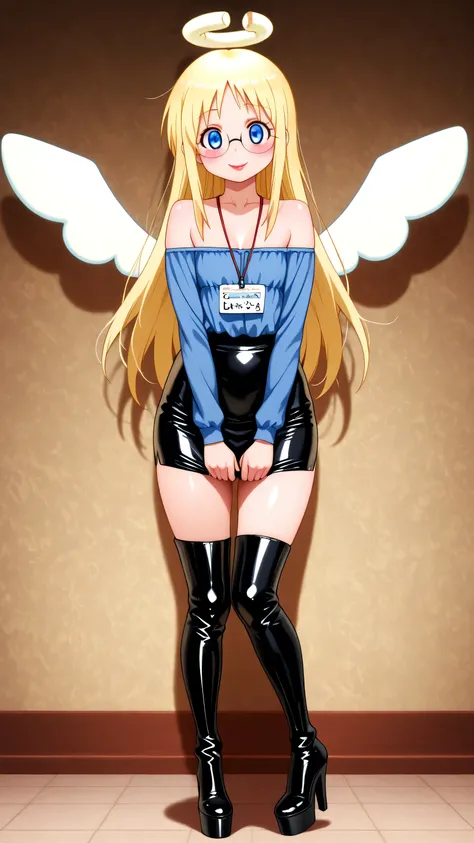 skirt, shirt, long sleeves, black skirt, formal, suit, office lady, skirt suit, shirt, blue latex shirt, cleavage, collarbone, bare shoulders, skirt, balck latex skirt, blue eyes, blonde hair, long hair, angel, halo, wings, crimvael \(interspecies reviewer...