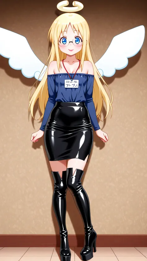 skirt, shirt, long sleeves, black skirt, formal, suit, office lady, skirt suit, shirt, blue latex shirt, cleavage, collarbone, bare shoulders, skirt, balck latex skirt, blue eyes, blonde hair, long hair, angel, halo, wings, crimvael \(interspecies reviewer...
