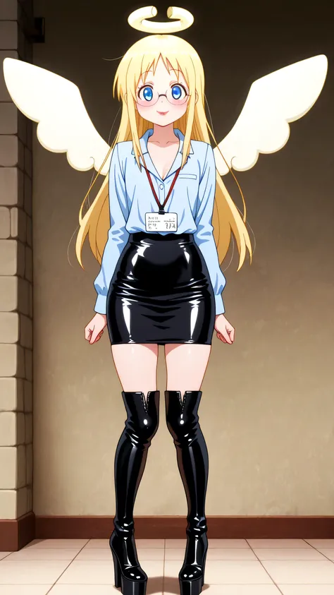 skirt, shirt, long sleeves, black skirt, formal, suit, office lady, skirt suit, shirt, blue latex shirt, cleavage, collarbone, bare shoulders, skirt, balck latex skirt, blue eyes, blonde hair, long hair, angel, halo, wings, crimvael \(interspecies reviewer...