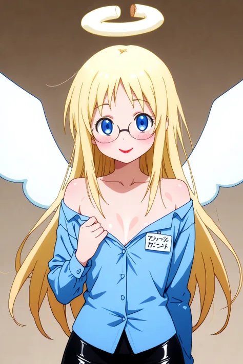 skirt, shirt, long sleeves, black skirt, formal, suit, office lady, skirt suit, shirt, blue latex shirt, cleavage, collarbone, bare shoulders, skirt, balck latex skirt, blue eyes, blonde hair, long hair, angel, halo, wings, crimvael \(interspecies reviewer...