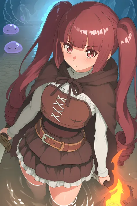 Hanazono Yurine, skintight adventurer clothing, skinthi with sword on her belt and a small hoodie cape, skintight skirt, exploring a large dungeon full of bat monsters around the dungeon ceilings, a slime monsters around shallow water surface at the dungeo...