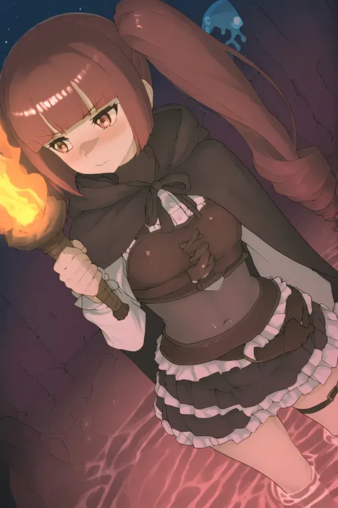 Hanazono Yurine, skintight adventurer clothing, skinthi with sword on her belt and a small hoodie cape, skintight skirt, exploring a large dungeon full of bat monsters around the dungeon ceilings, a slime monsters around shallow water surface at the dungeo...