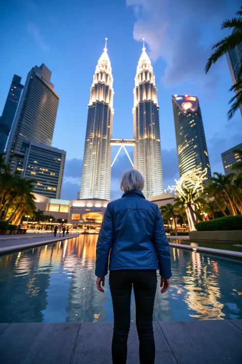 (masterpiece, best quality:1.2), a wide angle image of a 74 year old woman standing at the bottom of the PetronasTowers Petronas Towers reflecting pool at dusk, wearing blue leather jacket, wearing black leather jeans, the towers are decorated for Christma...