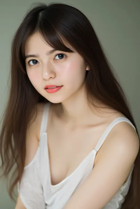 downblouse,(((lean forward:1.5))),(8K,best quality, masterpiece,beautiful detailed, crisp quality, rich contrast , sharp focus, Full-HD, absurdres,)(masterpiece:1.3),Full Body, from side, a Young Girl,  Pastel Makeup、pale pink lips,Gloss Lips、pink beige Ch...