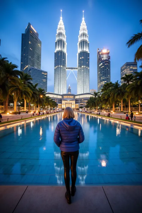 (masterpiece, best quality:1.2), a wide angle image of a 74 year old woman standing at the bottom of the PetronasTowers Petronas Towers reflecting pool at dusk, wearing blue leather jacket, wearing black leather jeans, the towers are decorated for Christma...