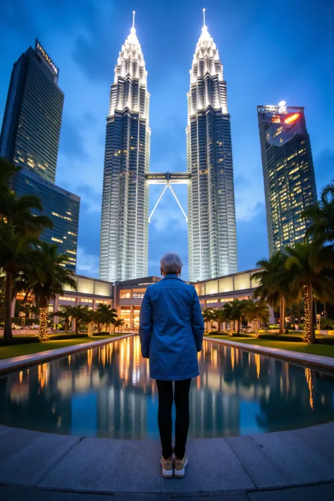 (masterpiece, best quality:1.2), a wide angle image of a 74 year old woman standing at the bottom of the PetronasTowers Petronas Towers reflecting pool at dusk, wearing blue leather jacket, wearing black leather jeans, the towers are decorated for Christma...