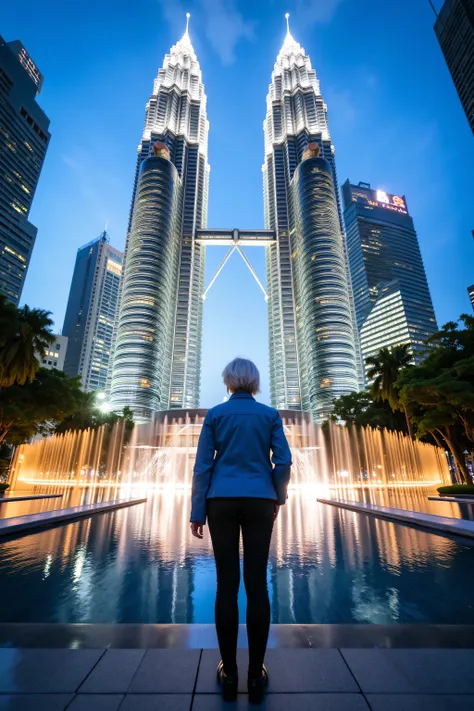 (masterpiece, best quality:1.2), a wide angle image of a 74 year old woman standing at the bottom of the PetronasTowers Petronas Towers reflecting pool at dusk, wearing blue leather jacket, wearing black leather jeans, the towers are decorated for Christma...