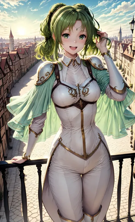 　masterpiece, top quality, 1girl, solo, medium breast, open mouth, viewers, happy, smile, green hair, green eyes, Twin Tails, circle, lala cello, detachable collar, shoulder pads, dress, capelet, long pants,knee-high boots, gold trim, Touching your hair,ci...