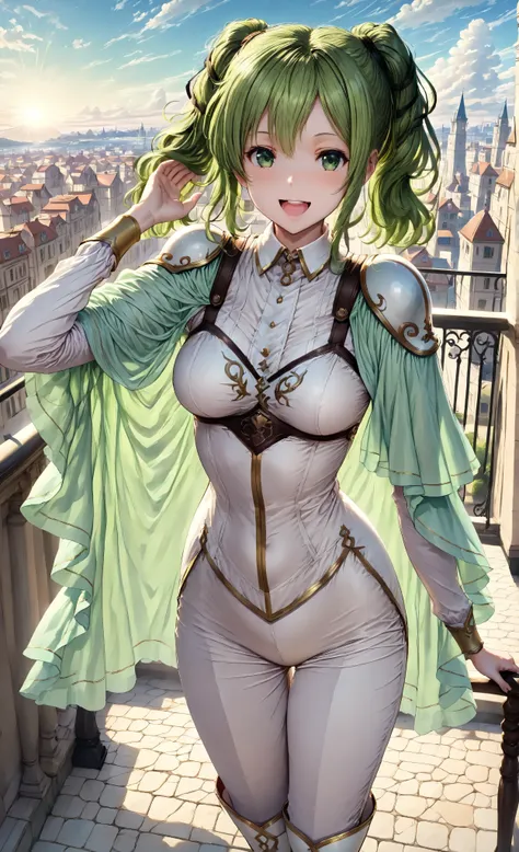 　masterpiece, top quality, 1girl, solo, medium breast, open mouth, viewers, happy, smile, green hair, green eyes, Twin Tails, circle, lala cello, detachable collar, shoulder pads, dress, capelet, long pants,knee-high boots, gold trim, Touching your hair,ci...