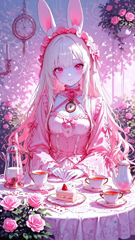 white skin、It looks like a doll、High Contrast、Pink is the main pink gothic lolita girl、ゆめcute、cute、pastel colors、This watercolor painting is painted in a dreamy atmosphere, Warm pastel tones with pink and yellow as the main colors、play cards arranged like ...
