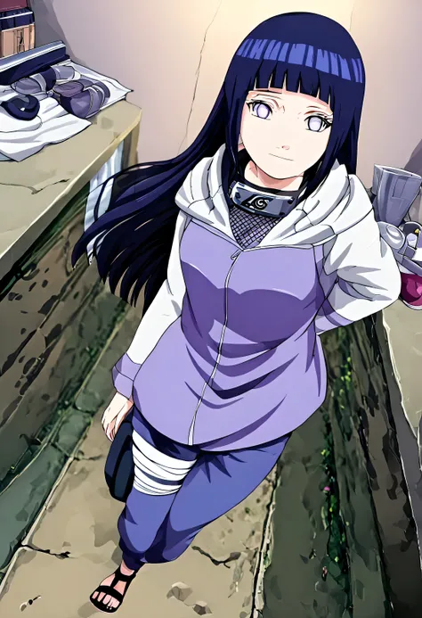 1girl, Hinata Hyuga, hand on hip, long hair, blunt bangs, dark blue hair, white eyes, no pupils, forehead protector, konohagakure symbol, purple and white hooded jacket, fishnets, blue pants, holster, bandage on thigh, open sandals, hoodie, zipper, seducti...