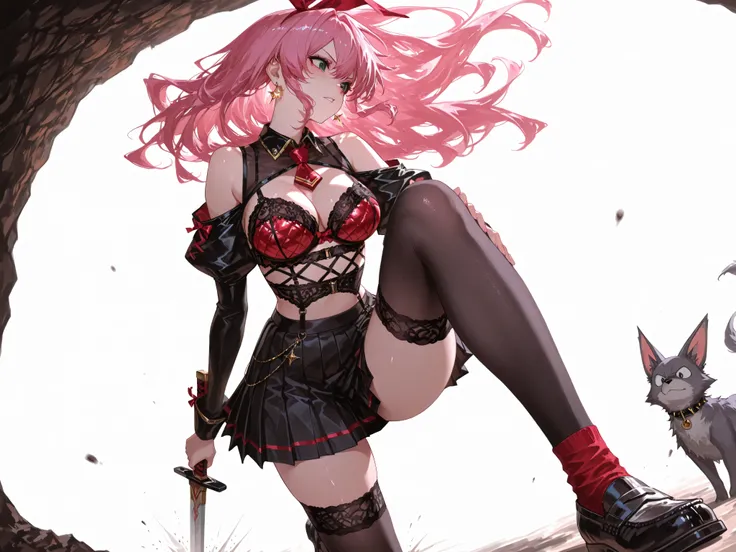 Supreme Master Bees。top quality、very detailed）、 torso is biologically correct、「Knee-High Socks with a Shiny Collar、Slender Woman、pink hair/Off Shoulder]Shrug your shoulders/Half ofOutfit/Long Hair Bub Bra and Cleavage/Loose Clothes Disconnect、 excessive pr...