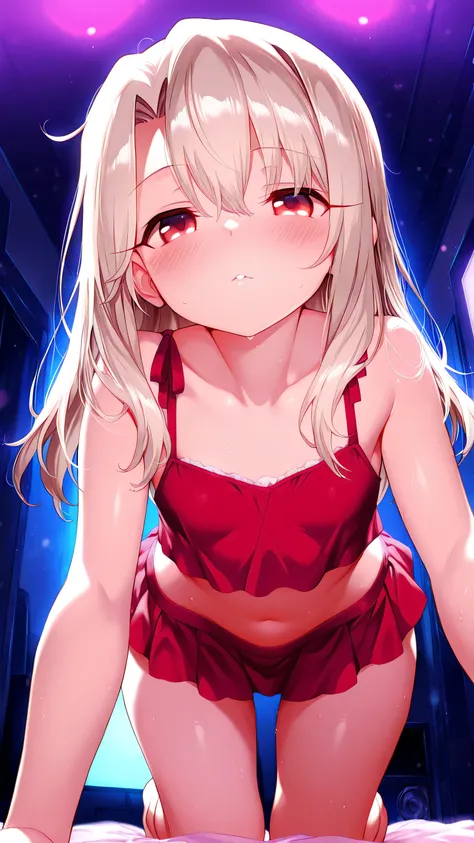masterpiece, high quality, ultra-detailed 1 girl. Petite.  Small and cute . Illyasviel von einzbern. Vibrant colors .  Saturated colors. Deep colors .  Wearing a red miniskirt and a red crop top. Cute innocent face. Small lips . On all four. Crawling . Fro...
