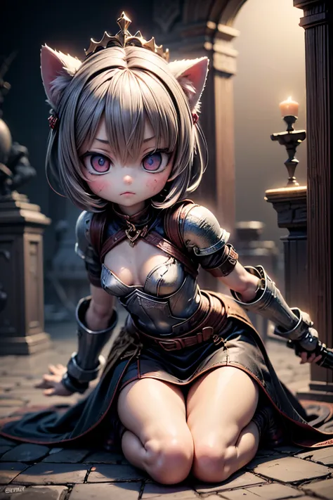 High Resolution, 8K Wallpaper, top quality, A female knight with cute characteristics is in perfect combat position, small The crown of protection enhances preparation for battle short, furry hair, with big expressive eyes、shows a combination of determinat...