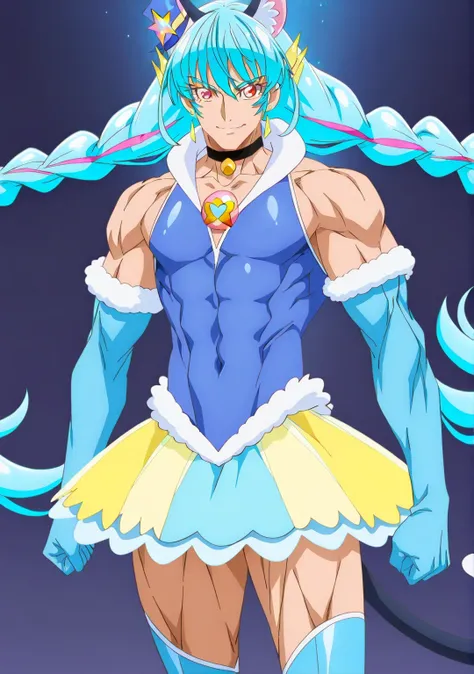 score 9 、score 8 up、score 7 up、source anime、傑作、Best quality、Best resolution、best image quality、anime coloring、anime screenshot、anime screencap、1boy、cure cosmo is a boy warrior、(male:1.6)、boy is wearing a blue dress、light blue haired boy、official art、solo、l...