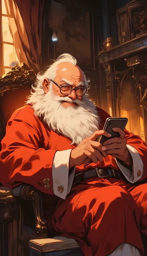 Round Faced Old Man Wearing Glasses Holding a Smartphone、kind eyes、Gentle smile、White Beard、Red Clothes with White Collars、Thin Black Belt、 on top of your head (!mark)and(♪mark)float on the face、accurate body structure、high image quality、High Quality、maste...