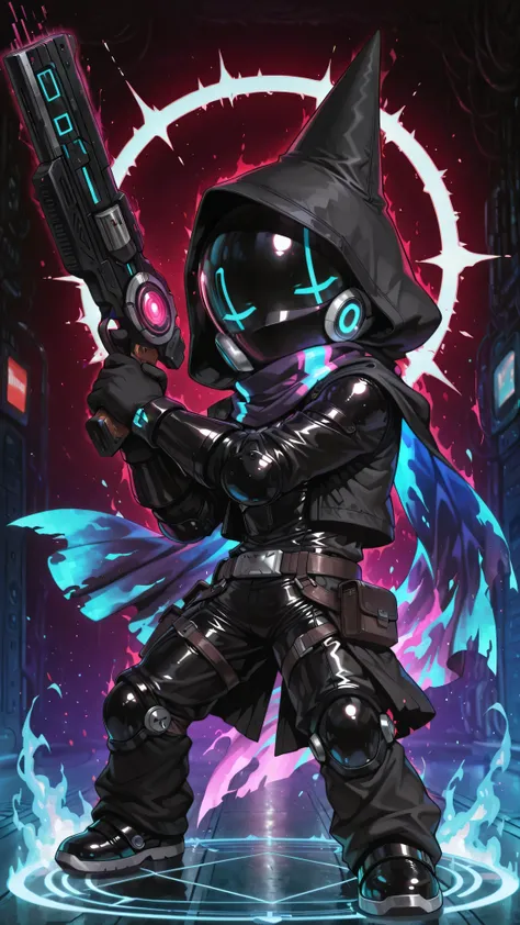 [🤖] [Theme-Dungeon Fighting] [Rouge+Shooter-Class] [Focus Model] [Fun-Creativity] [Showcase]. (masterpiece, best quality:1.2), soft shading, sharp detail, solo, chibi style, 1boy, normal_face, glowing circle eyes, red screen lights, glitch_face distortion,...