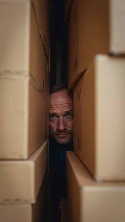 ((4K、original photos、High Fine))、(((high performance camera)))、(((realistic)))、(((Realistic)))、A man is peeking through a gap between brand new cardboard boxes piled up in the room。