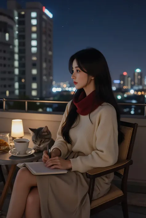 jiyeon_oc:1.2, Realism, medium close-up, upper body shot of Ji Yun, the INFJ singer-songwriter character. She is seated comfortably on a chair near the rooftop ledge of a tall building, holding a notebook and pen. Next to her is a slightly larger table wit...