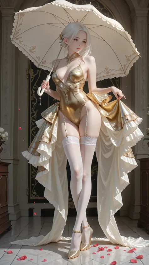 1girl, white_hair, golden_dress, thigh_high_stockings, high_heels, elegant, posing, umbrella,leg_clamping_umbrella, dynamic_pose, detailed_background, fantasy_art, soft_lighting, petals_floating, intricate_details, highly_detailed