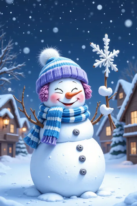 Ein fröhlicher, Im Vordergrund steht ein Schneemann im Cartoon-Stil, } gefertigt aus weichem weißem Schnee mit einem subtilen violetten und blauen Farbverlauf. Er trägt eine hellblaue Strickmütze mit weißem Pompon, ein passender Schal, und Fäustlinge. Sein...