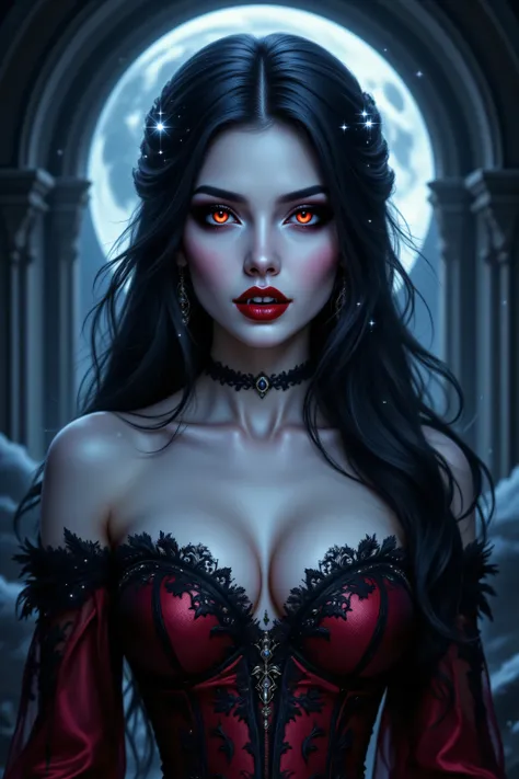 vampz,zavy-ctcmcs,w1n,hyp3rd3tail style,OMNH,,a picture of an epic beautiful female vampire, (vampire fangs),  ghostly beauty , wearing transluminescent dress , black silk dress , intricate dress , white dress, red sleeves , epic beautiful female vampire ,...