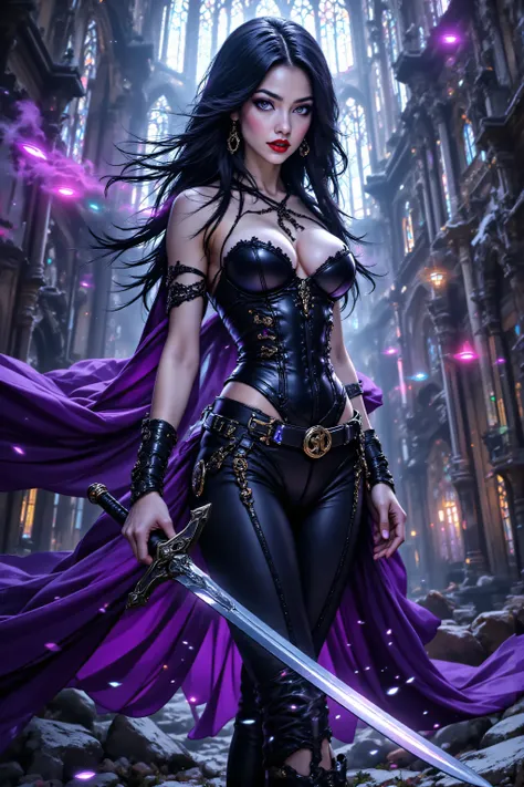 hyp3rd3tail style,OMNH,flux-color,,a picture of a female elf (intense details, Masterpiece, best quality) fantasy swashbuckler, fantasy fencer, armed with a slim sword, shinning sword, metallic shine, multi colored, white and blue clothes, fully clothed, w...