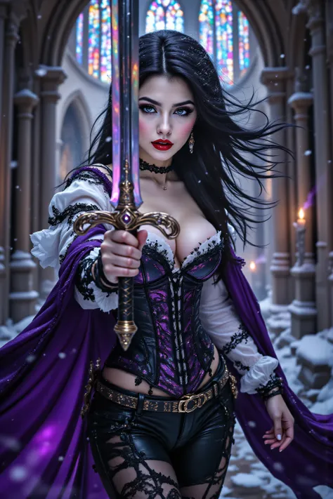 hyp3rd3tail style,OMNH,flux-color,,a picture of a female elf (intense details, Masterpiece, best quality) fantasy swashbuckler, fantasy fencer, raising a sword, shinning sword, metallic shine, multi colored, white and blue clothes, fully clothed, wearing...