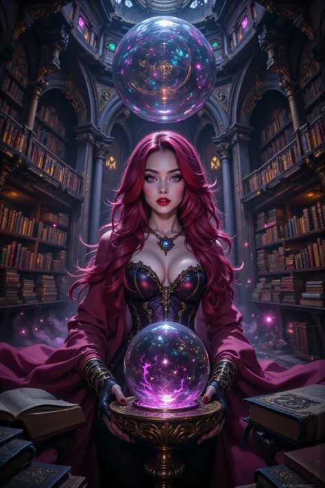 hyp3rd3tail style,OMNH,flux-color,aidmamjv7,a picture of a human mecha woman sorceress sittings in her magical lab, divining distant places in her crystal ball, epic beautiful human woman, ultra detailed face , red hair, short hair, red eyes, dynamic dress...
