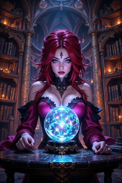 hyp3rd3tail style,OMNH,flux-color,aidmamjv7,a picture of a human mecha woman sorceress sittings in her magical lab, divining distant places in her crystal ball, epic beautiful human woman, ultra detailed face , red hair, short hair, red eyes, dynamic dress...