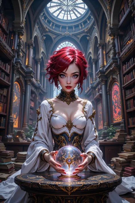 hyp3rd3tail style,OMNH,flux-color,aidmamjv7,a picture of a human mecha woman sorceress sittings in her magical lab, divining distant places in her crystal ball, epic beautiful human woman, ultra detailed face , red hair, short hair, red eyes, dynamic dress...