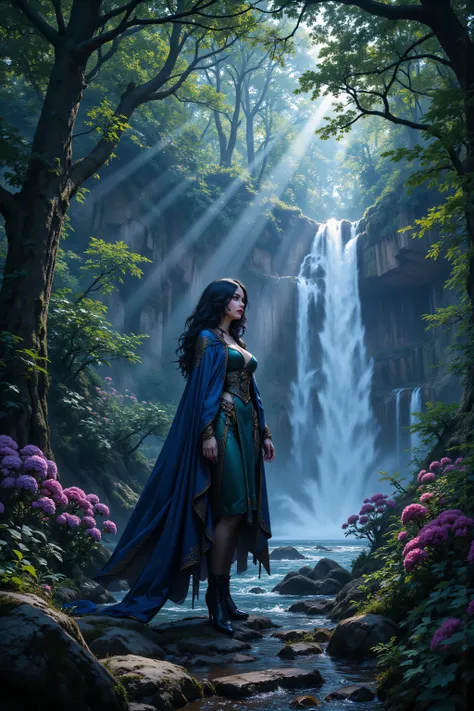 hyp3rd3tail style,OMNH,flux-color,aidmamjv7, picture of druid grove in a fantasy forest and its druid warden observing all, a fantasy forest (intricate details, Masterpiece, best quality), many trees, a stream of water (intricate details, Masterpiece, best...