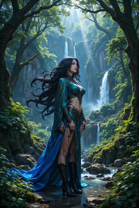 hyp3rd3tail style,OMNH,flux-color,aidmamjv7, picture of druid grove in a fantasy forest and its druid warden observing all, a fantasy forest (intricate details, Masterpiece, best quality), many trees, a stream of water (intricate details, Masterpiece, best...