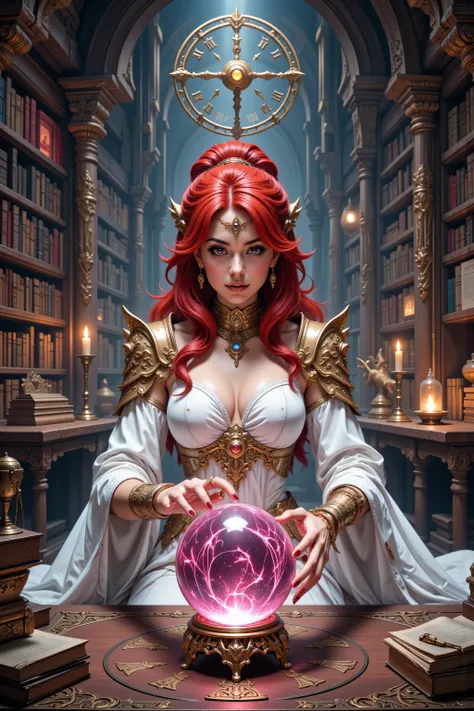 hyp3rd3tail style,flux-color,aidmamjv7,zavy-ctcmcs,,a picture of a human mecha woman sorceress sittings in her magical lab, divining distant places in her crystal ball, epic beautiful human woman, ultra detailed face , red hair, short hair, red eyes, dynam...