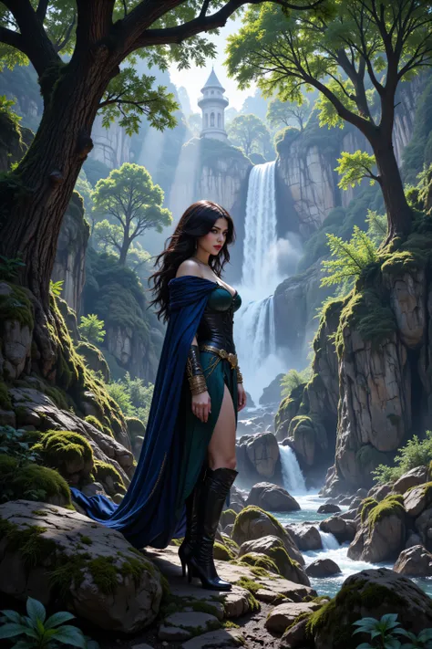 hyp3rd3tail style,OMNH,flux-color,aidmamjv7, picture of druid grove in a fantasy forest and its druid warden observing all, a fantasy forest (intricate details, Masterpiece, best quality), many trees, a stream of water (intricate details, Masterpiece, best...