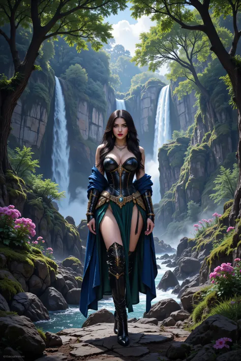 hyp3rd3tail style,OMNH,flux-color,aidmamjv7, picture of druid grove in a fantasy forest and its druid warden observing all, a fantasy forest (intricate details, Masterpiece, best quality), many trees, a stream of water (intricate details, Masterpiece, best...