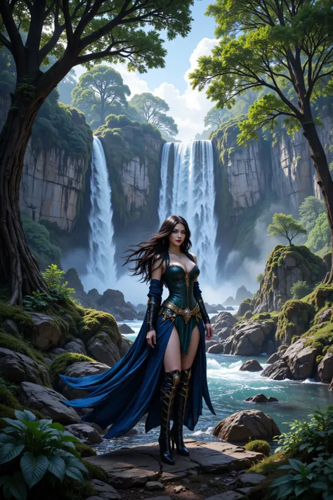 hyp3rd3tail style,OMNH,flux-color,aidmamjv7, picture of druid grove in a fantasy forest and its druid warden observing all, a fantasy forest (intricate details, Masterpiece, best quality), many trees, a stream of water (intricate details, Masterpiece, best...