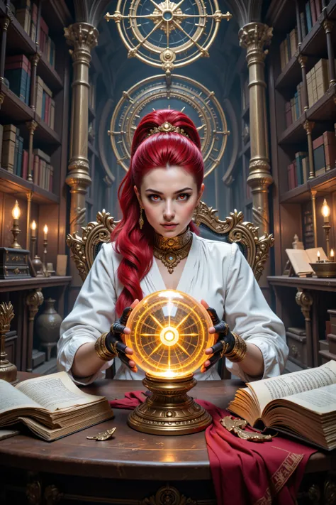 Mech,,flux-color,aidmamjv7,zavy-ctcmcs,,a picture of a human mecha woman sorceress sittings in her magical lab, divining distant places in her crystal ball, epic beautiful human woman, ultra detailed face , red hair, short hair, red eyes, dynamic dress, wh...